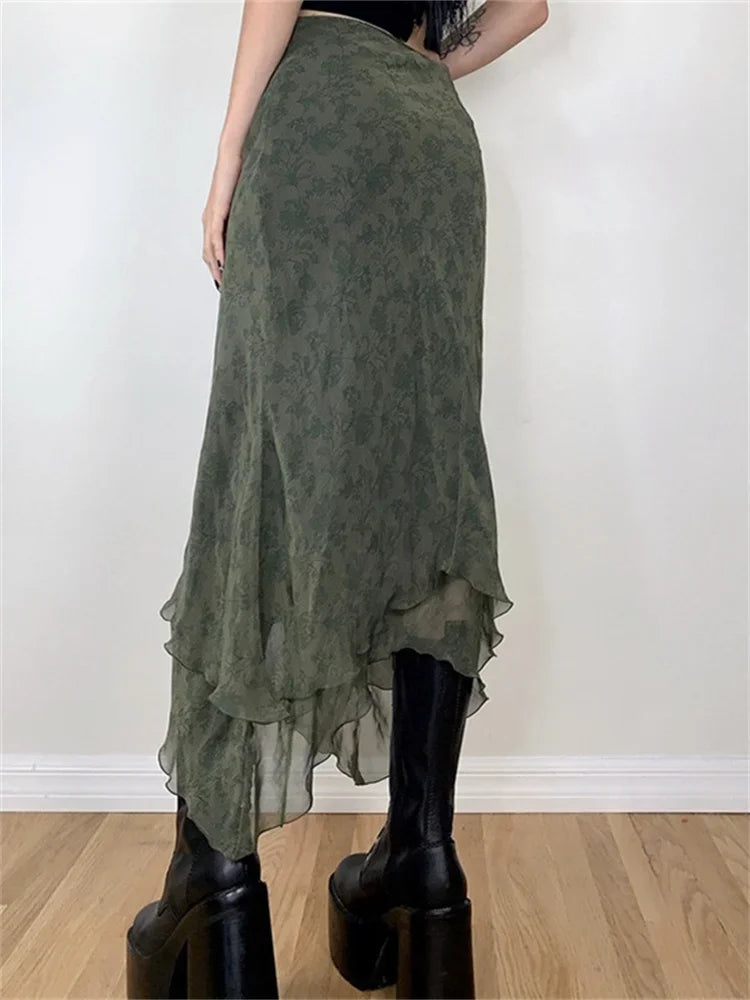Irregular Floral Print Midi Skirt
