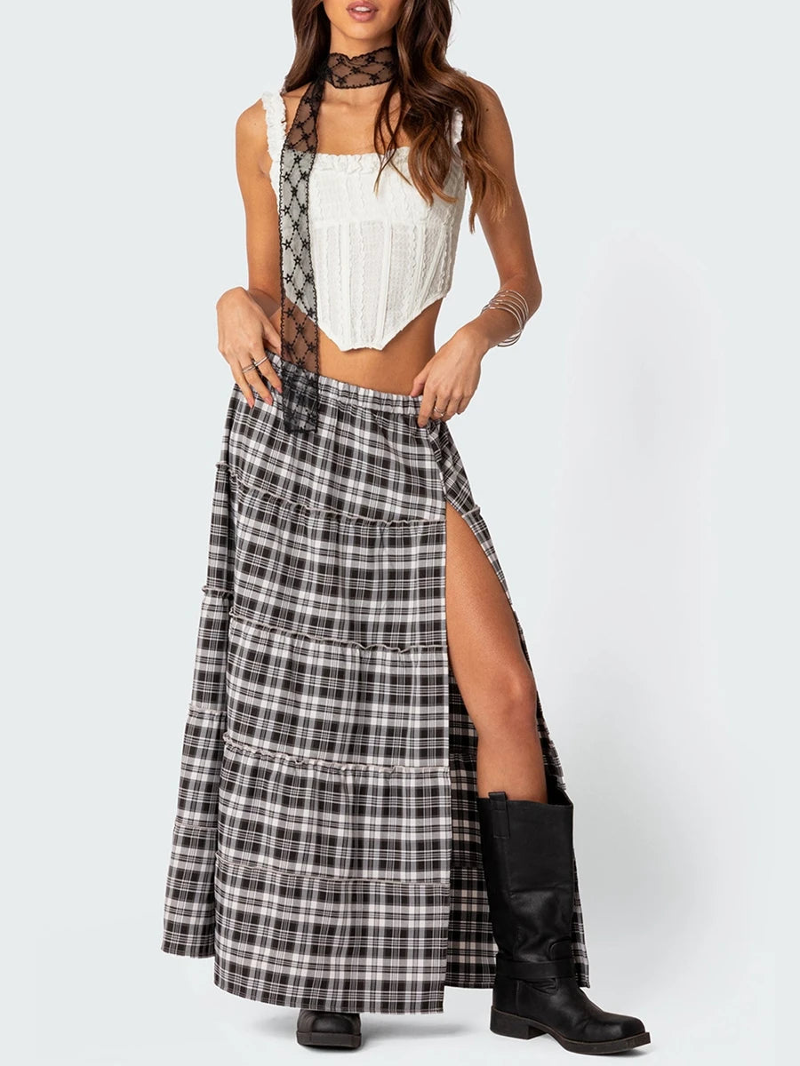 Plaid Print Pleated Midi Skirt