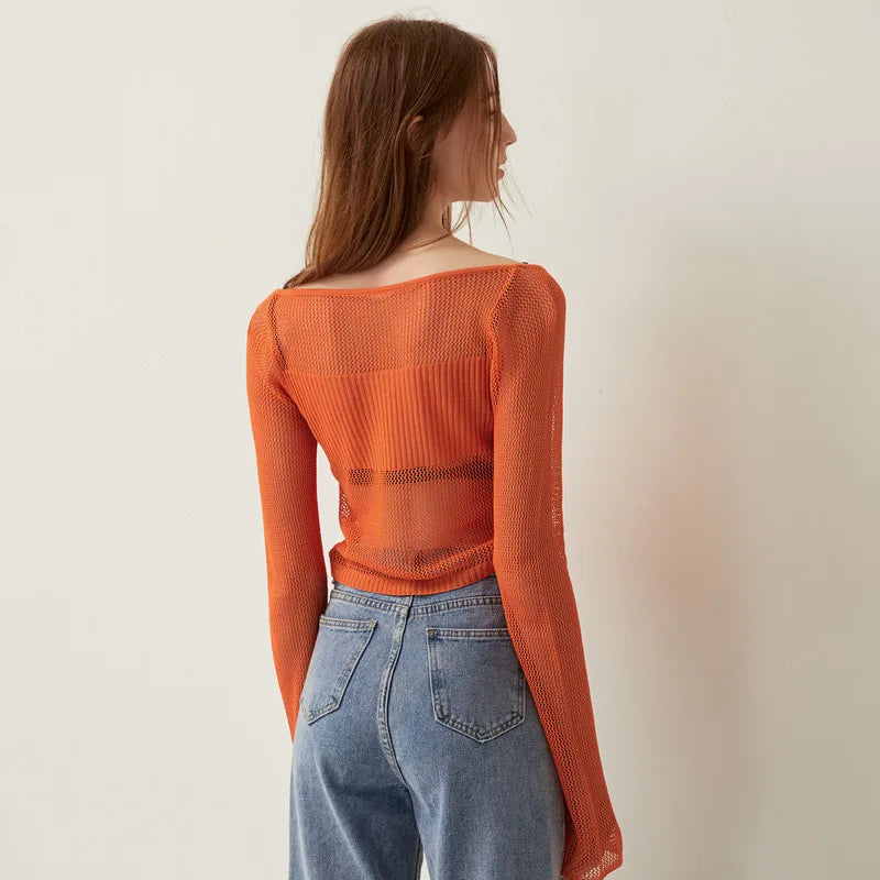 Knit Sheer Tie Up Front Top