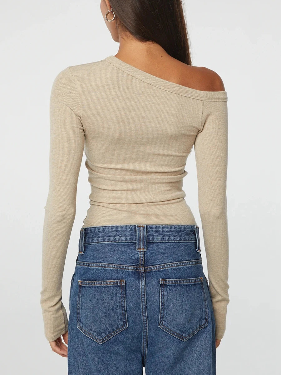 One Shoulder Long Sleeve Button Down Crop Top