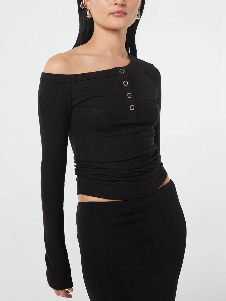 One Shoulder Long Sleeve Button Down Crop Top