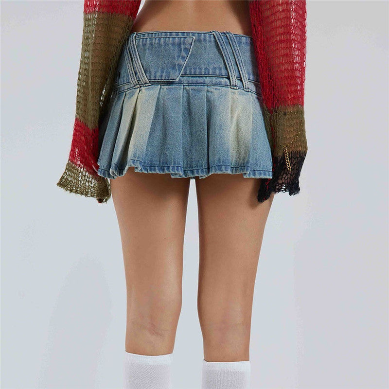 Sexy Short Pleated Denim Mini Skirt