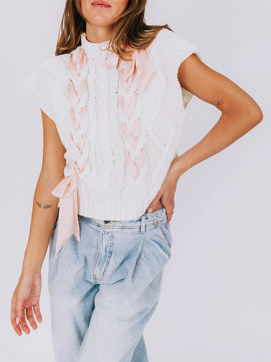 Sleeveless Solid Tie Front Knitted Vest