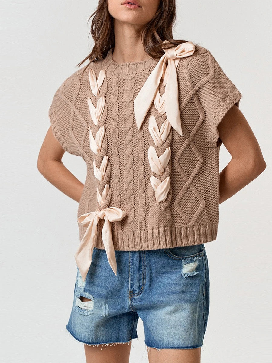 Sleeveless Solid Tie Front Knitted Vest