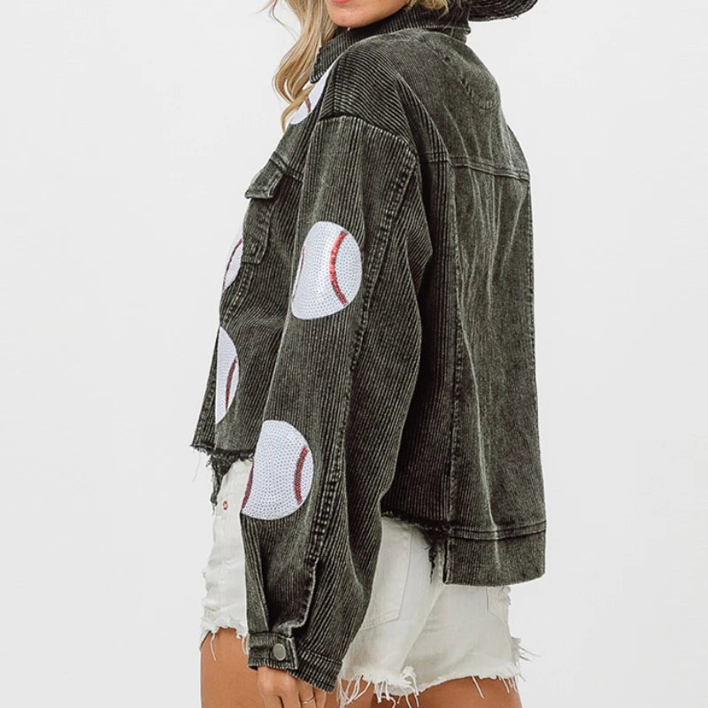 Baseball Corduroy Sequin Bomber Jacket