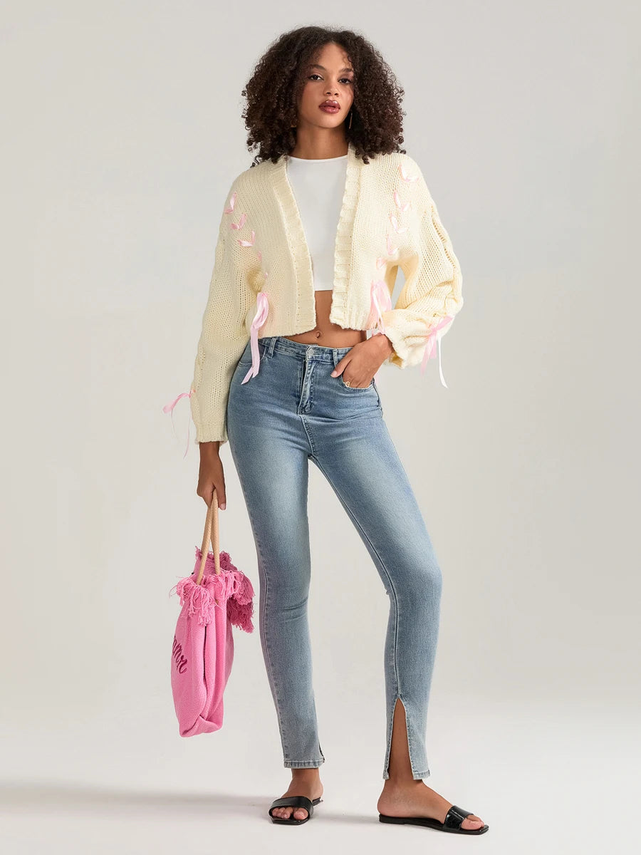 Pink Ribbons Knitted Cardigan Sweater
