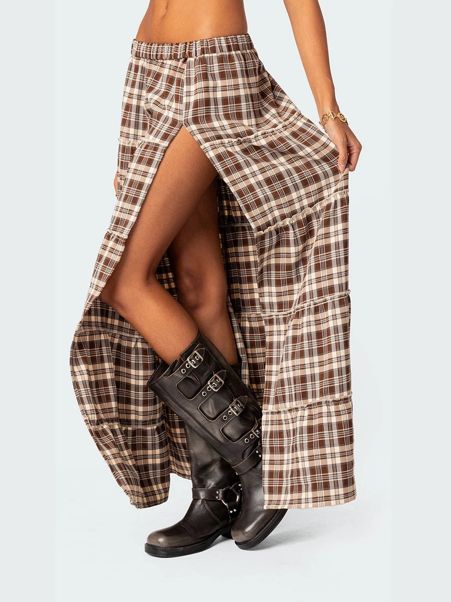 Plaid Print Pleated Midi Skirt