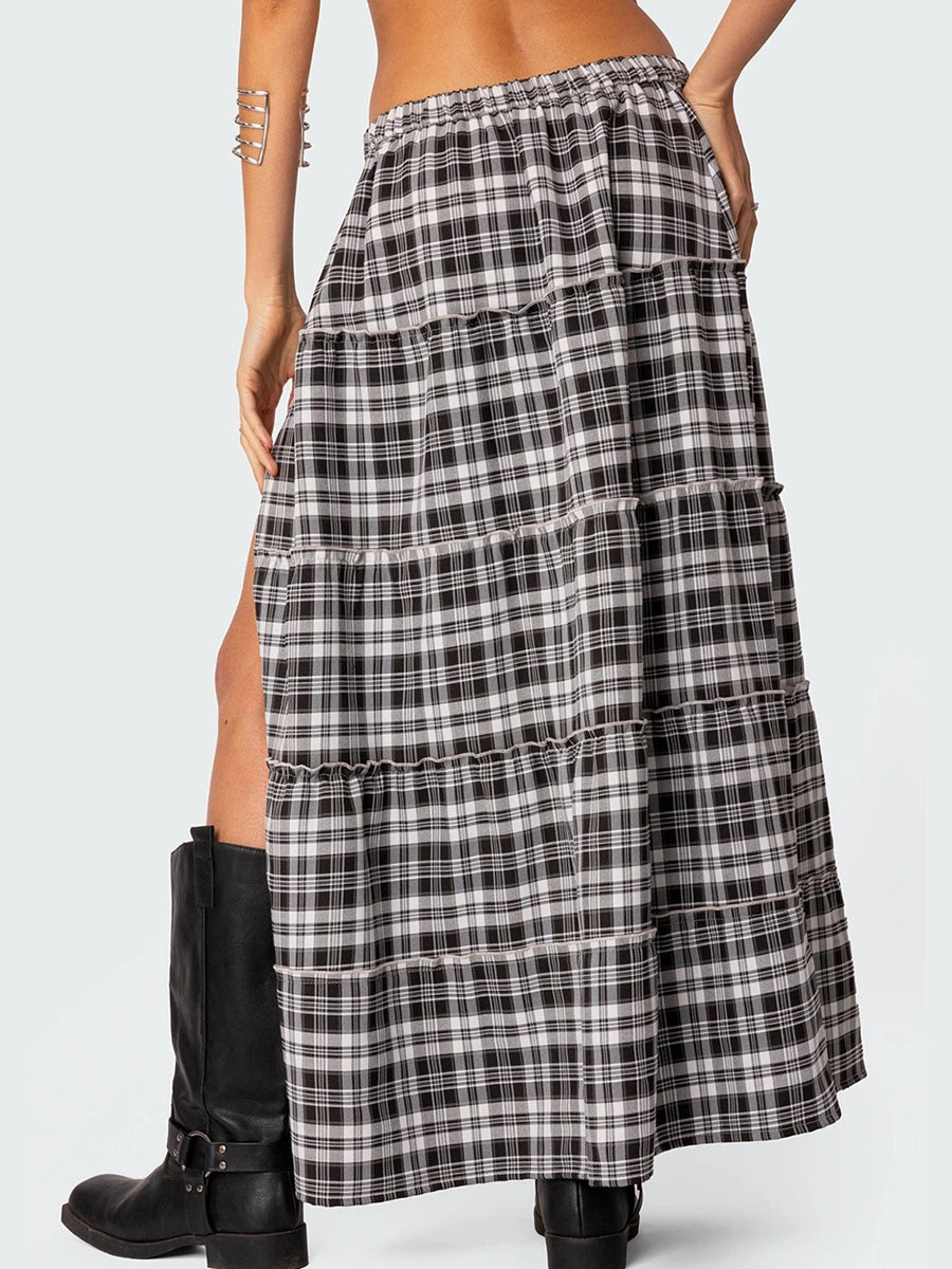 Plaid Print Pleated Midi Skirt