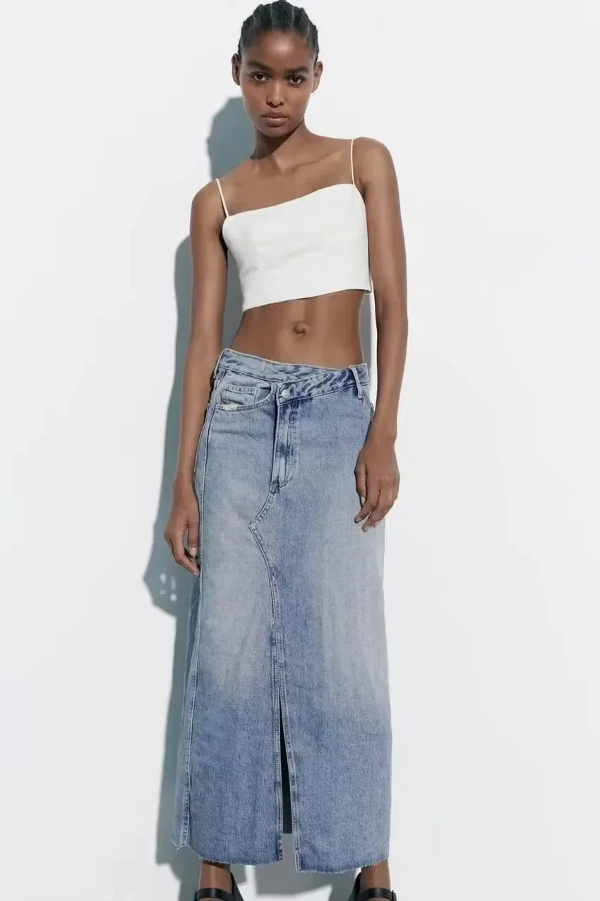 Over Knee Denim Casual Midi Skirt