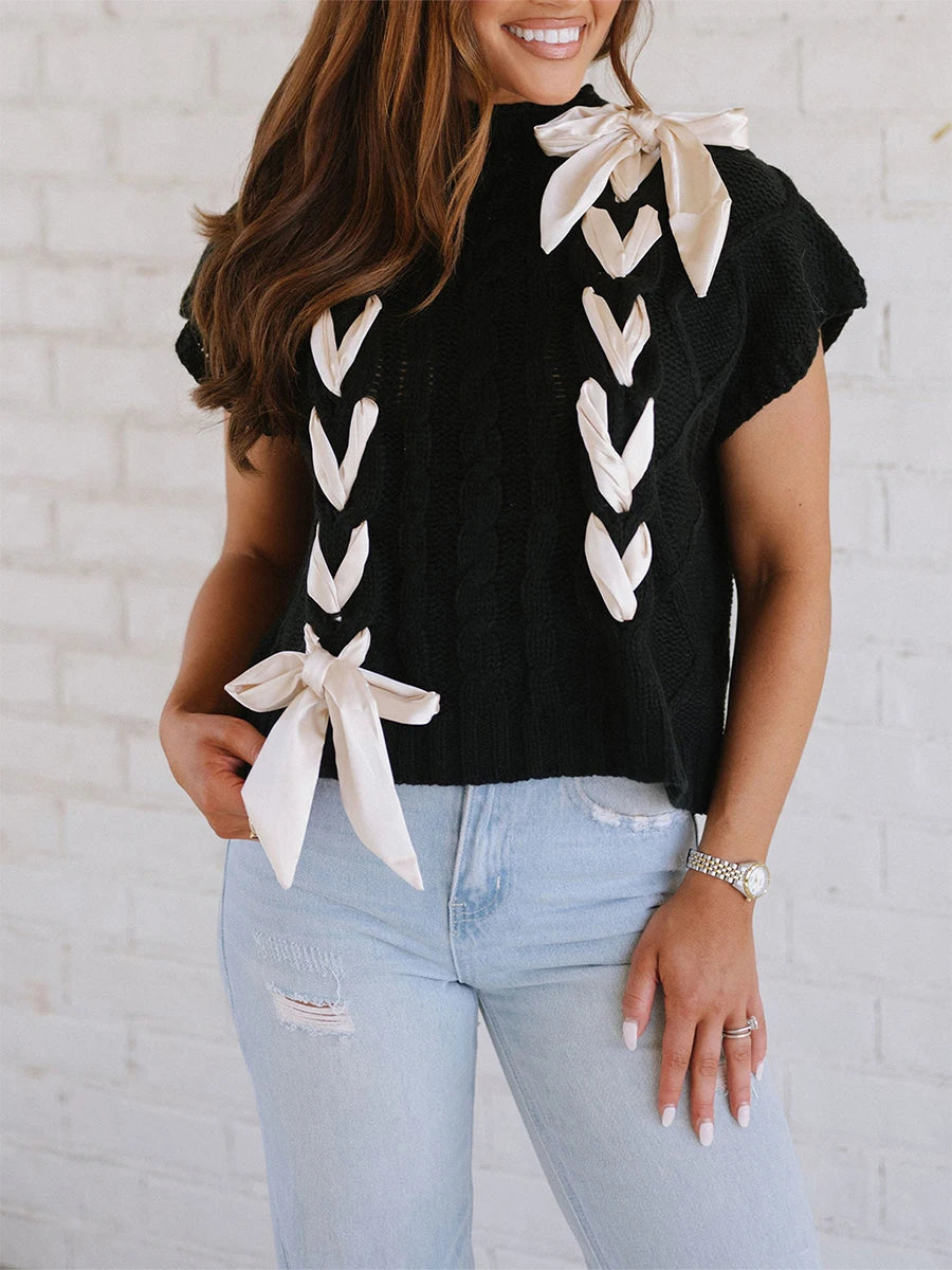 Sleeveless Solid Tie Front Knitted Vest