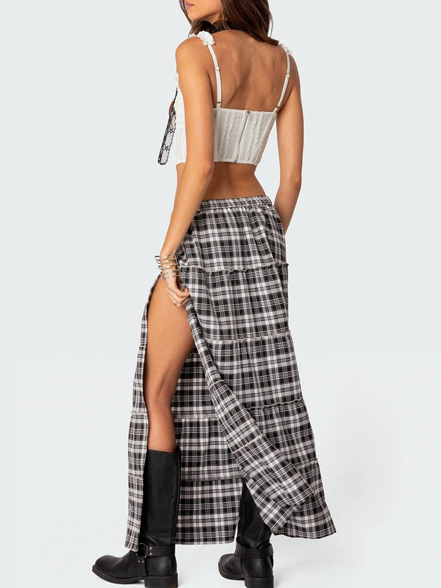 Plaid Print Pleated Midi Skirt