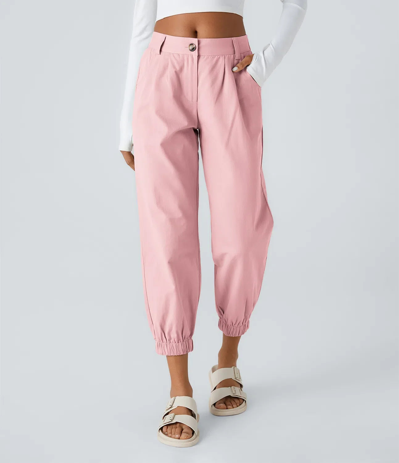 Mid Rise Button Zipper Side Pocket Casual Cotton Joggers