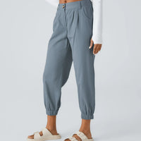 Mid Rise Button Zipper Side Pocket Casual Cotton Joggers