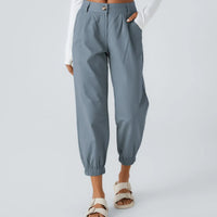 Mid Rise Button Zipper Side Pocket Casual Cotton Joggers