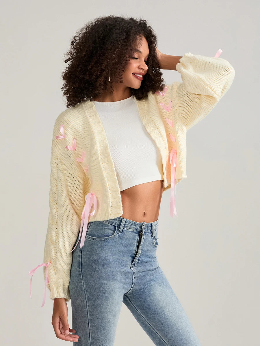 Pink Ribbons Knitted Cardigan Sweater