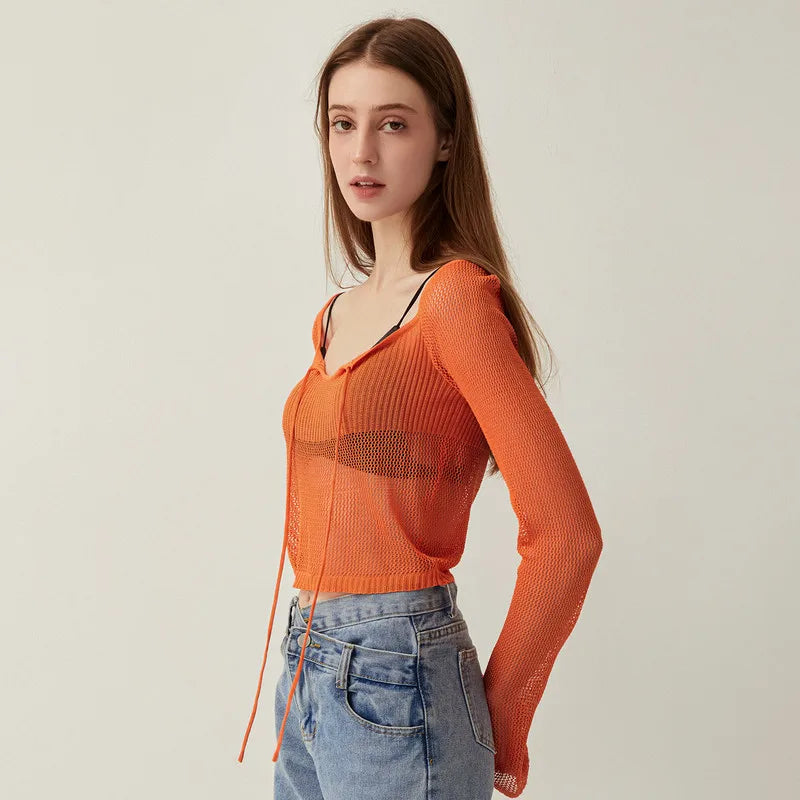 Knit Sheer Tie Up Front Top