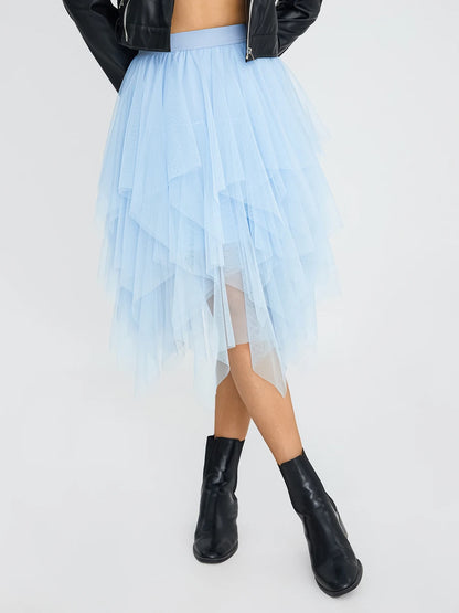 Blue Elegant Elastic Tulle Skirt