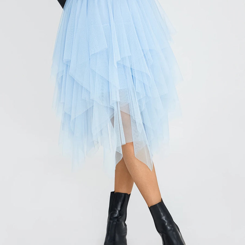 Blue Elegant Elastic Tulle Skirt