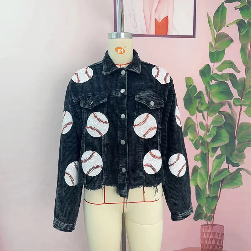 Baseball Corduroy Sequin Bomber Jacket