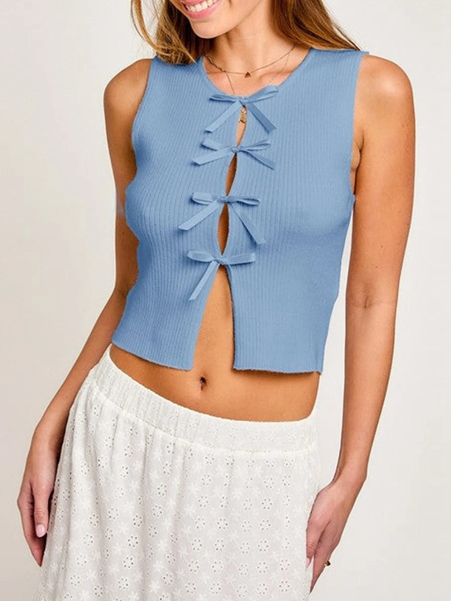 Tie-front puff-sleeve blouse