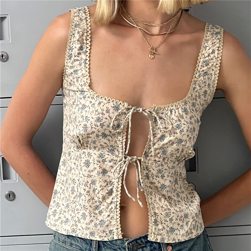 Floral Print Low Cut Tie Up Top