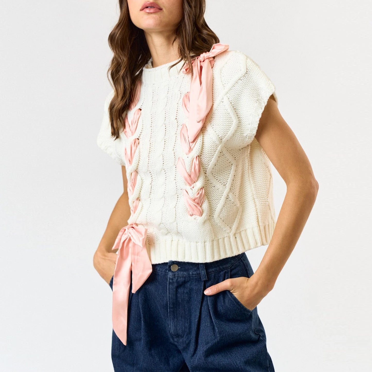 Sleeveless Solid Tie Front Knitted Vest