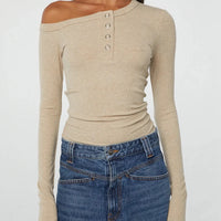 One Shoulder Long Sleeve Button Down Crop Top