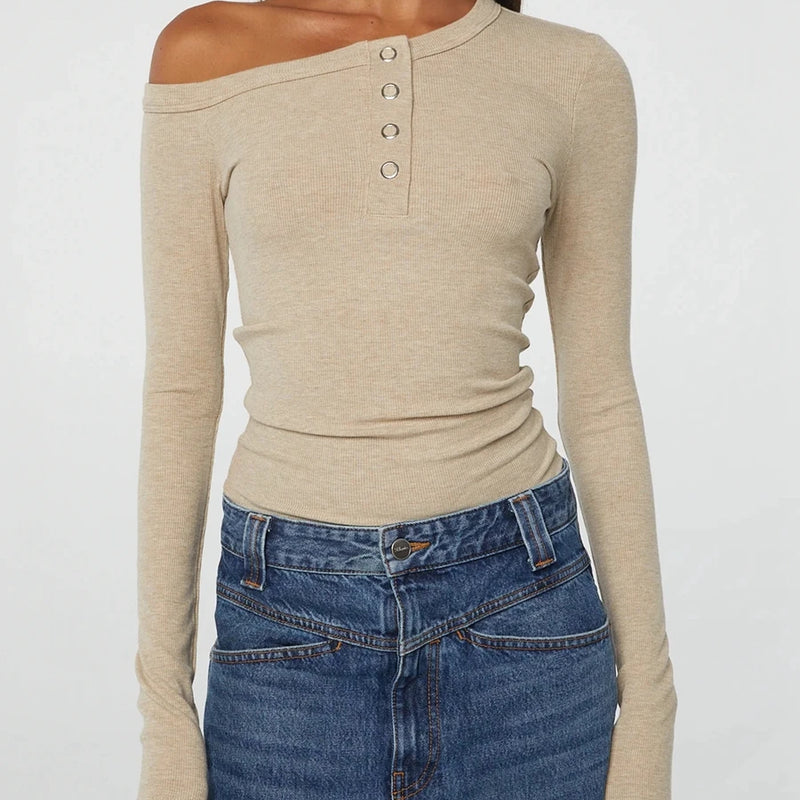 One Shoulder Long Sleeve Button Down Crop Top