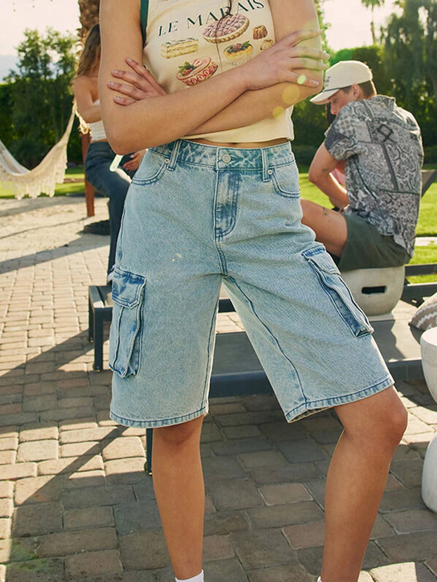 Blue Loose Fit Cargo Denim Shorts