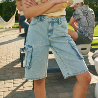 Blue Loose Fit Cargo Denim Shorts