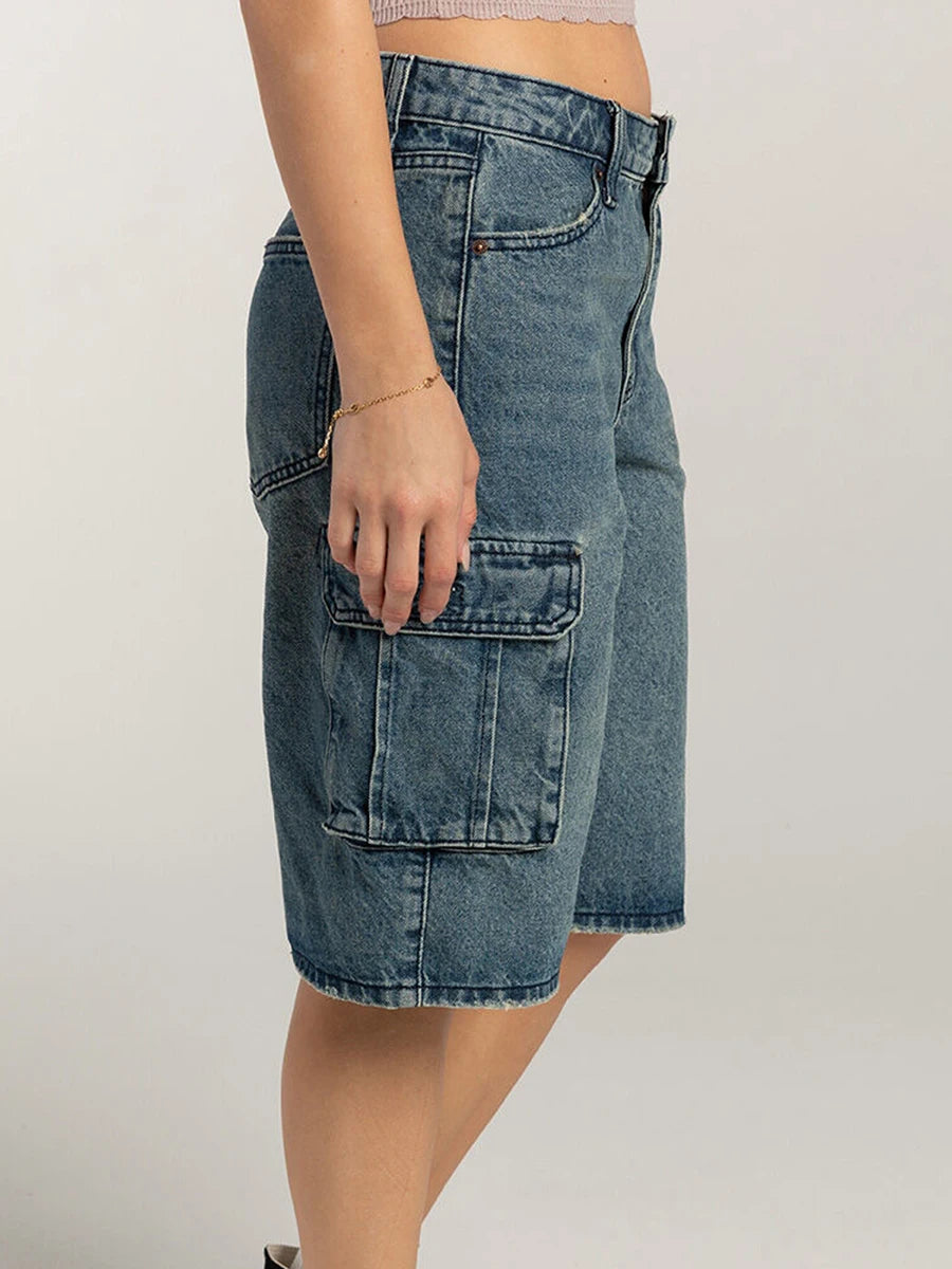 Blue Loose Fit Cargo Denim Shorts