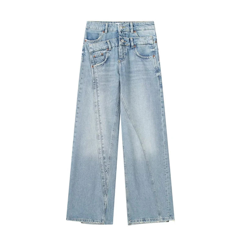 Belt Patchwork Wide Leg Pants