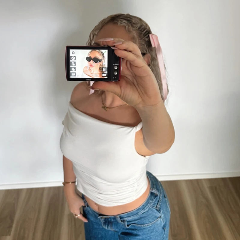 Ruched Asymmetrical Off-The-Shoulder top