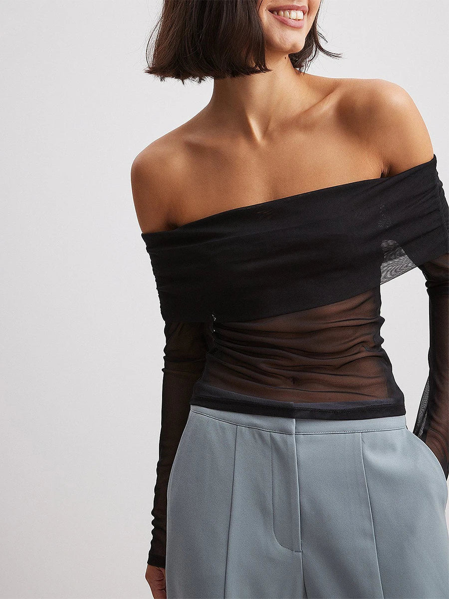 Long Sleeve Mesh Off Shoulder Top