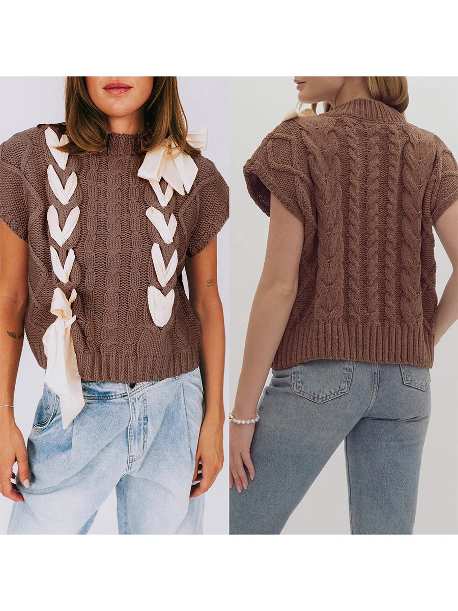 Sleeveless Solid Tie Front Knitted Vest