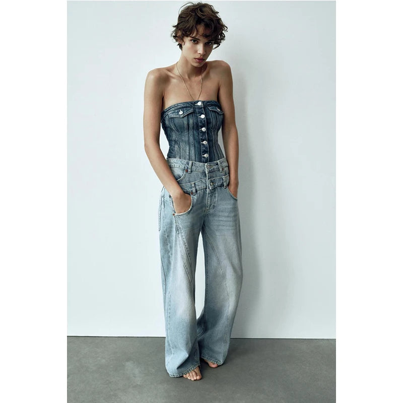 Belt Patchwork Wide Leg Pants