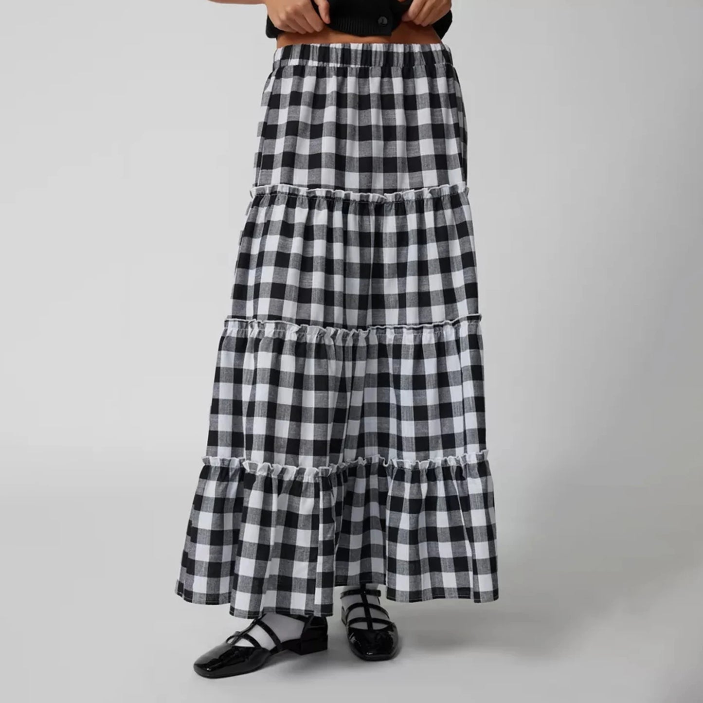 Plaid Pattern Tiered Maxi Skirt