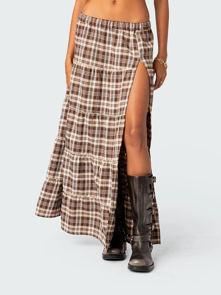 Plaid Print Pleated Midi Skirt