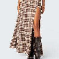 Plaid Print Pleated Midi Skirt