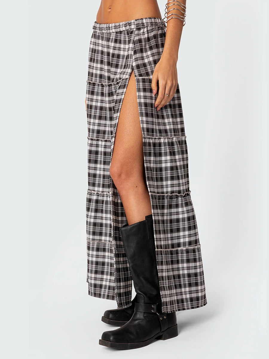 Plaid Print Pleated Midi Skirt