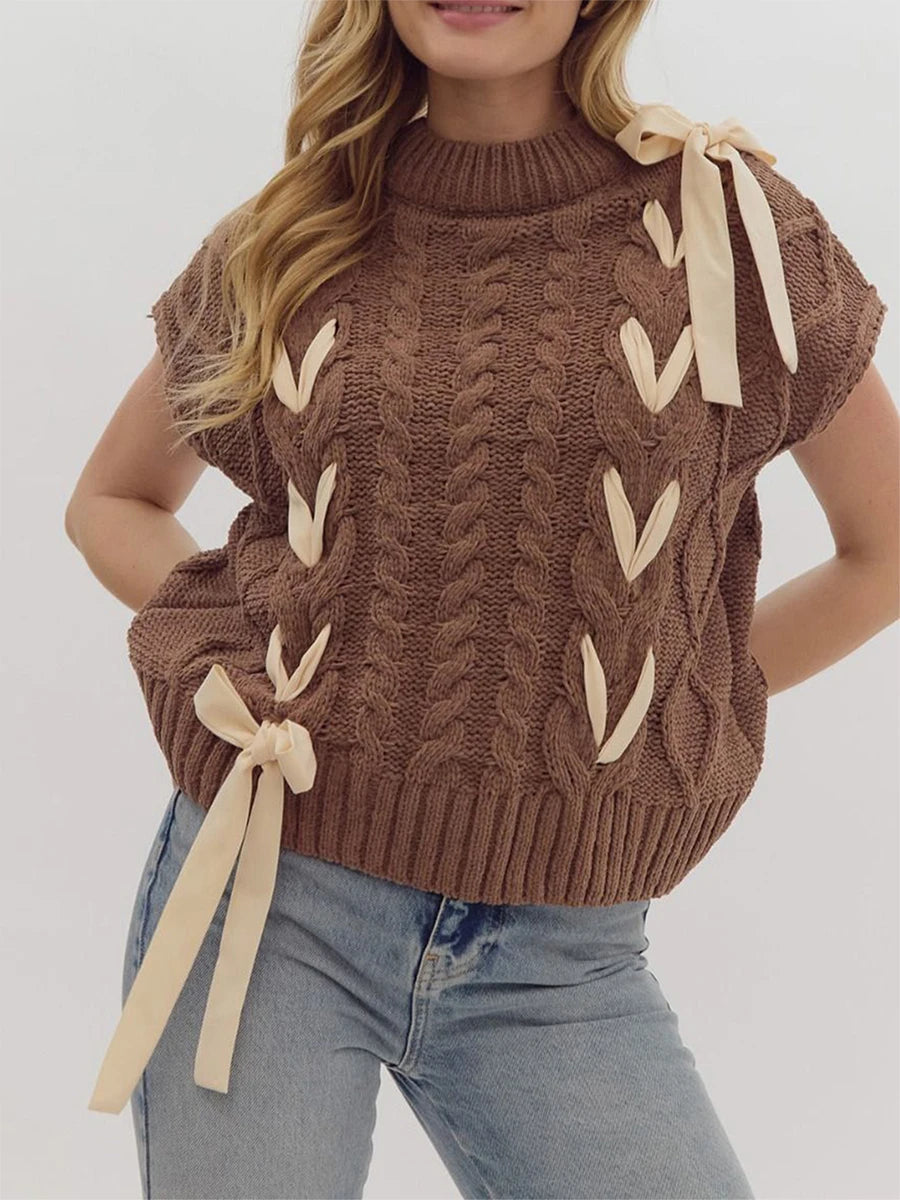 Sleeveless Solid Tie Front Knitted Vest