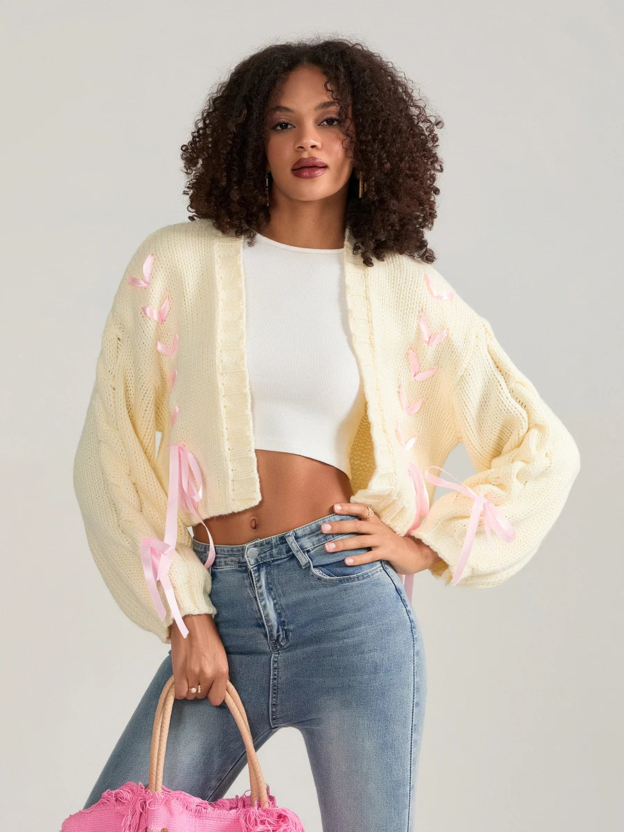 Pink Ribbons Knitted Cardigan Sweater