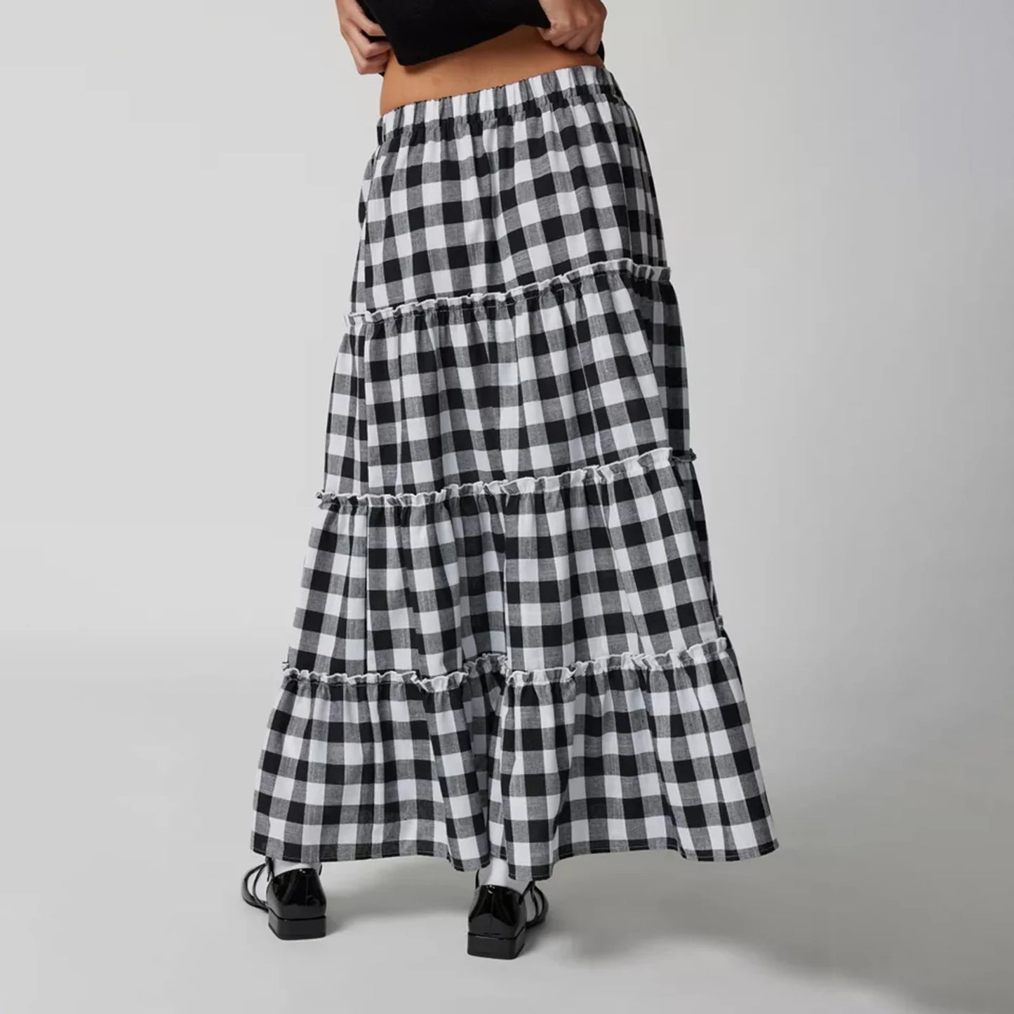 Plaid Pattern Tiered Maxi Skirt
