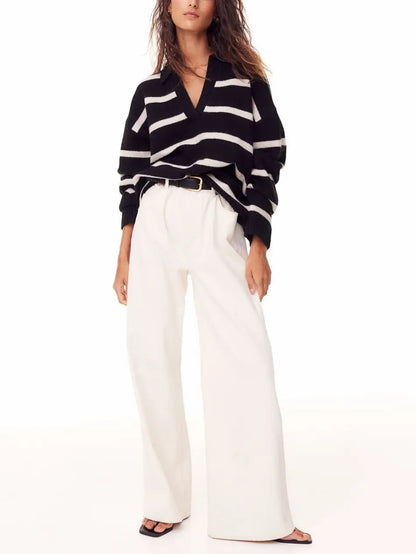 Collar Fine-Knit V-Neck Sweater