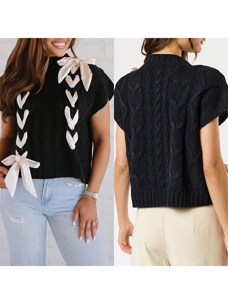 Sleeveless Solid Tie Front Knitted Vest