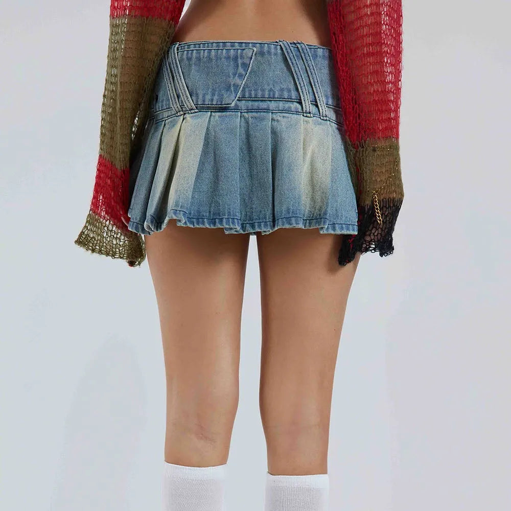 Sexy Short Pleated Denim Mini Skirt