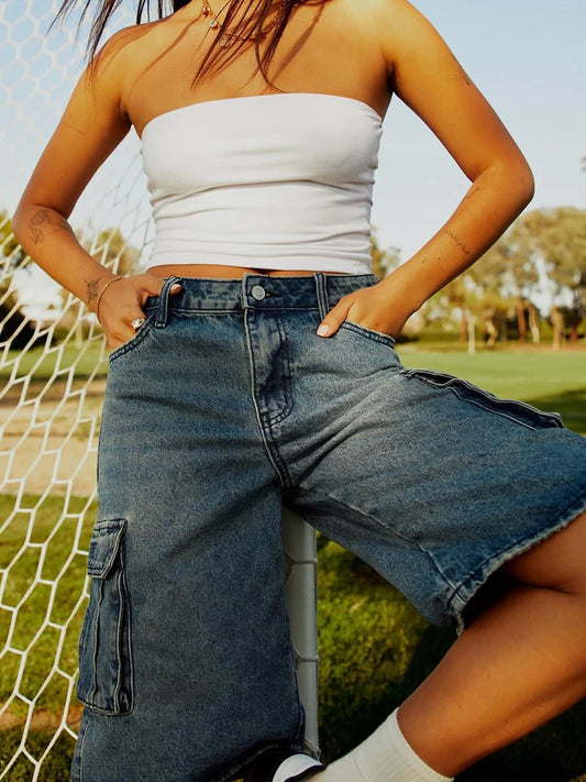 Blue Loose Fit Cargo Denim Shorts