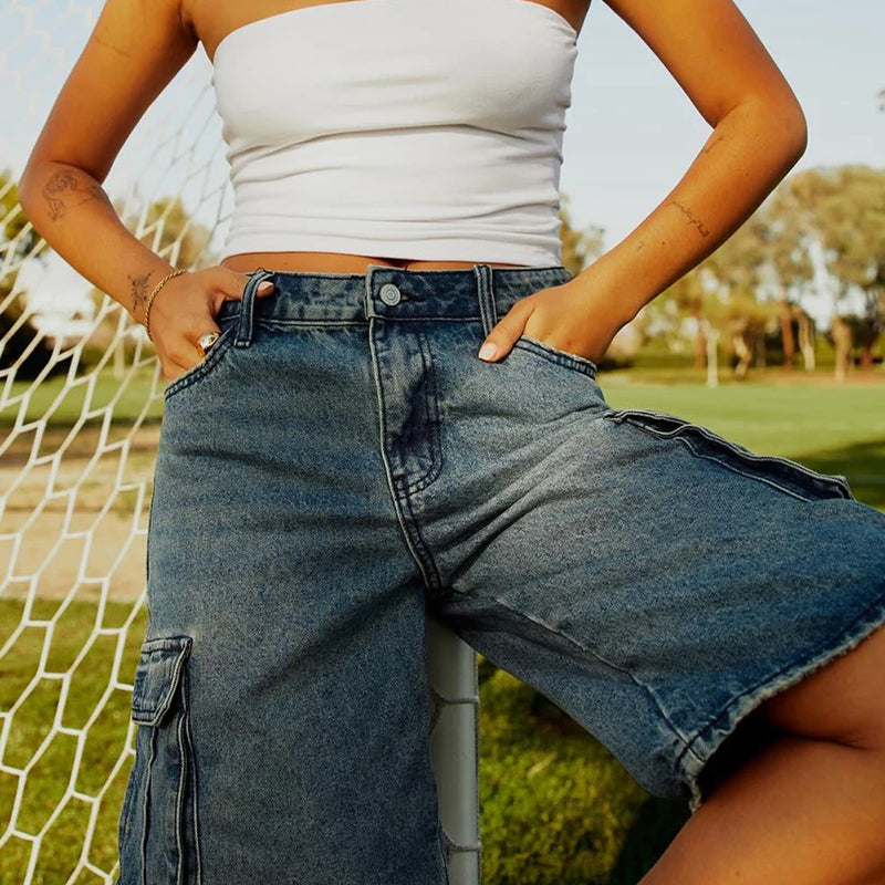 Blue Loose Fit Cargo Denim Shorts