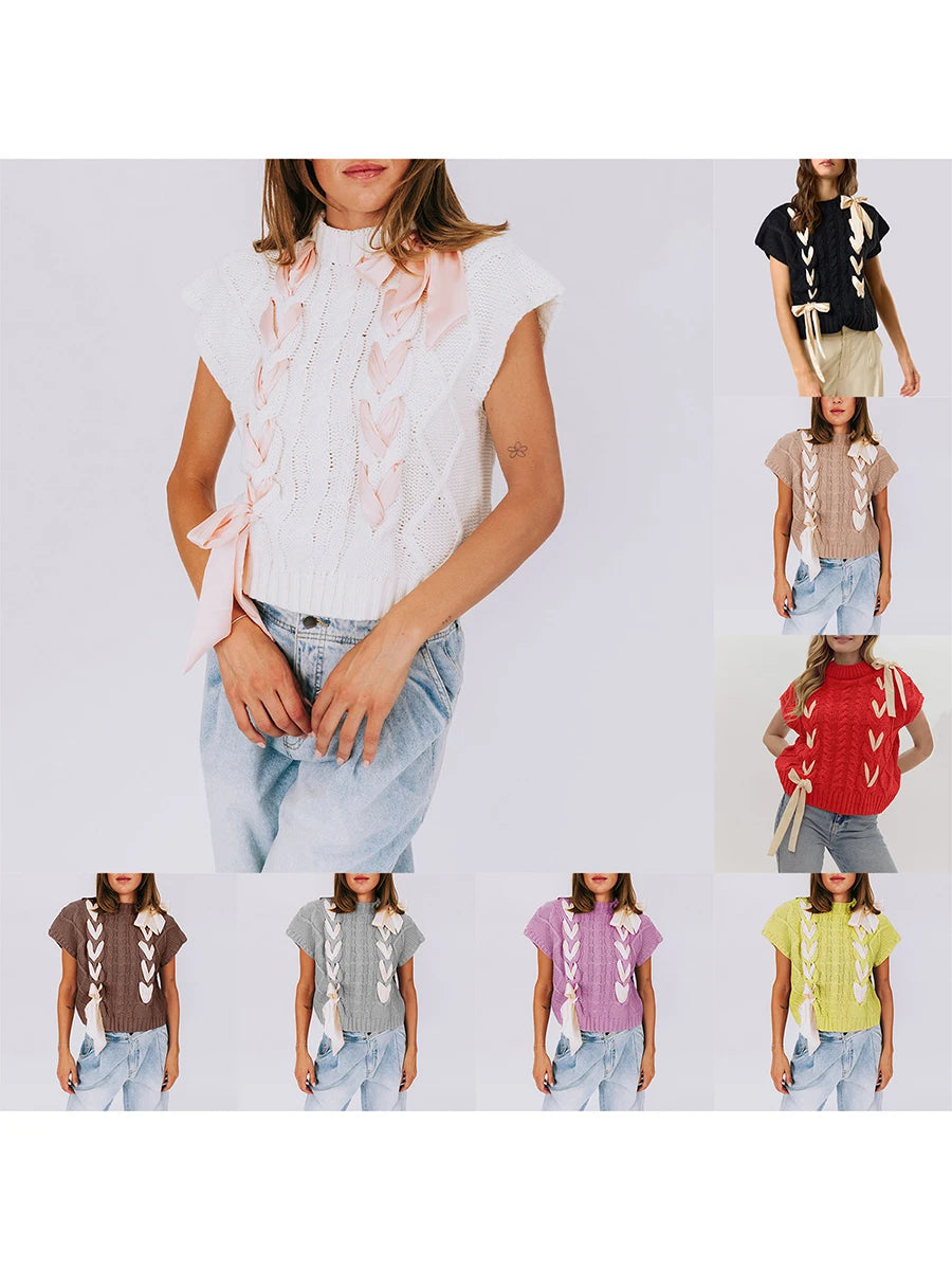 Sleeveless Solid Tie Front Knitted Vest