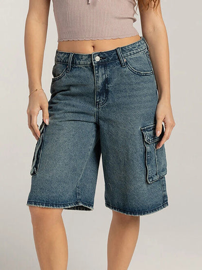 Blue Loose Fit Cargo Denim Shorts